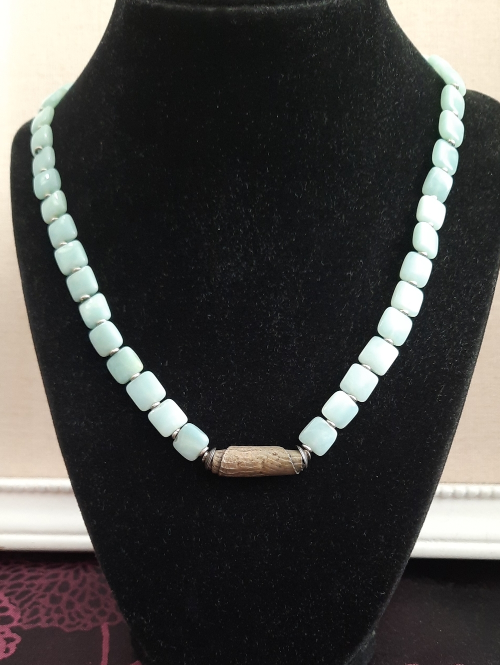 Light Aqua Glass Bead Necklace with Clay Center Accent
